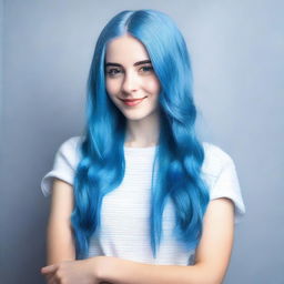 A beautiful and confident young woman, 19 years old, with striking long blue hair, posing elegantly in a fashionable outfit