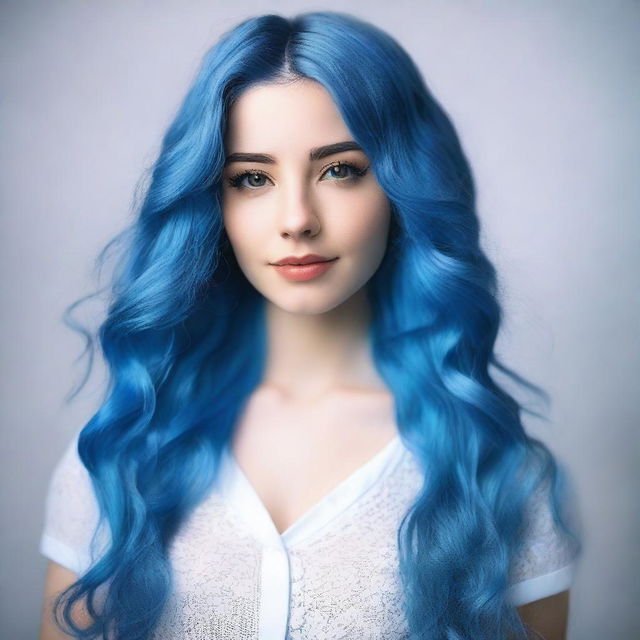 A beautiful and confident young woman, 19 years old, with striking long blue hair, posing elegantly in a fashionable outfit