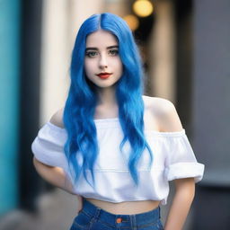 A beautiful and confident young woman, 19 years old, with striking long blue hair, posing elegantly in a fashionable outfit