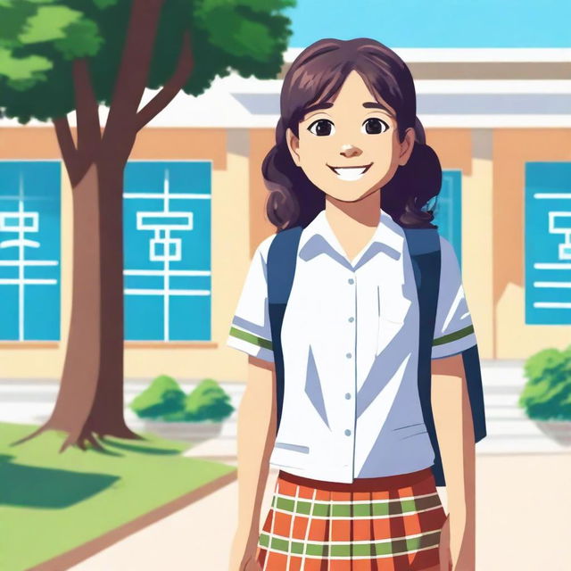 A young schoolgirl wearing a traditional school uniform, standing in front of a school building