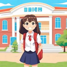 A young schoolgirl wearing a traditional school uniform, standing in front of a school building