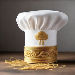 This elegant chef's hat, woven from the threads of divine inspiration and blessed by the essence of pasta itself, is adorned with shimmering golden embroidery and sacred pasta symbols