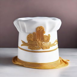 This elegant chef's hat, woven from the threads of divine inspiration and blessed by the essence of pasta itself, is adorned with shimmering golden embroidery and sacred pasta symbols