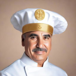 This elegant chef's hat, woven from the threads of divine inspiration and blessed by the essence of pasta itself, is adorned with shimmering golden embroidery and sacred pasta symbols