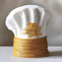 This elegant chef's hat, woven from the threads of divine inspiration and blessed by the essence of pasta itself, is adorned with shimmering golden embroidery and sacred pasta symbols