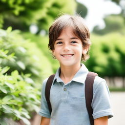 A young boy with brown hair, smiling and looking happy