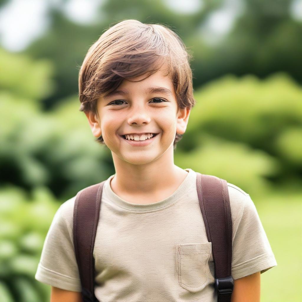 A young boy with brown hair, smiling and looking happy