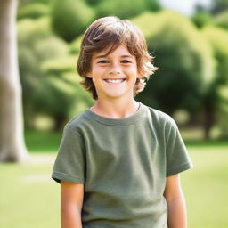 A young boy with brown hair, smiling and looking happy