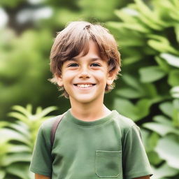 A young boy with brown hair, smiling and looking happy