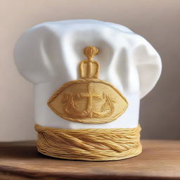 This elegant chef's hat, woven from the threads of divine inspiration and blessed by the essence of pasta itself, is adorned with shimmering golden embroidery and sacred pasta symbols