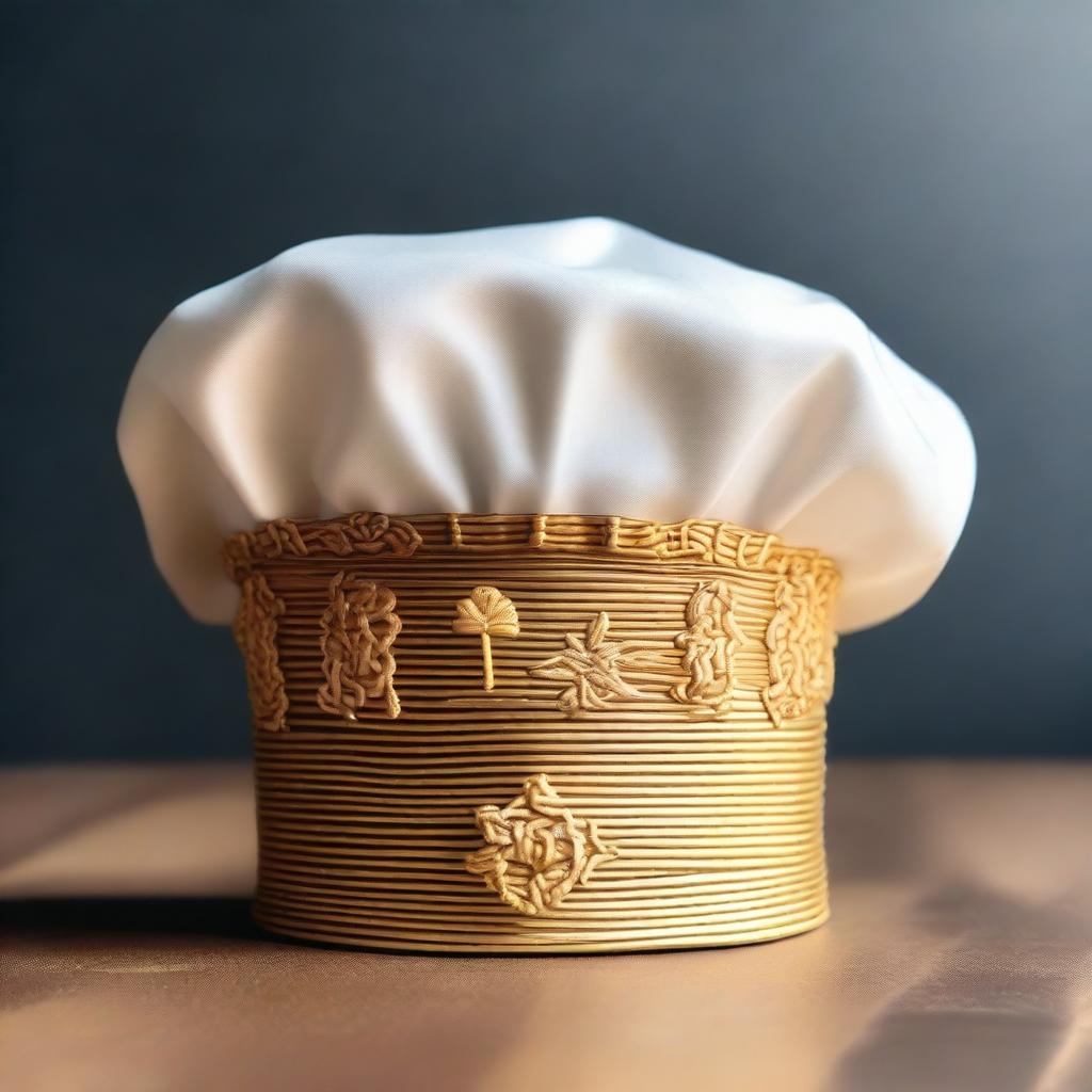 This elegant chef's hat, woven from the threads of divine inspiration and blessed by the essence of pasta itself, is adorned with shimmering golden embroidery and sacred pasta symbols