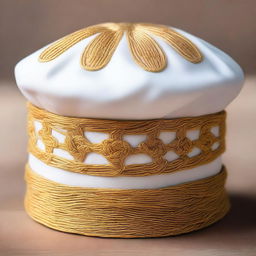 This elegant chef's hat, woven from the threads of divine inspiration and blessed by the essence of pasta itself, is adorned with shimmering golden embroidery and sacred pasta symbols