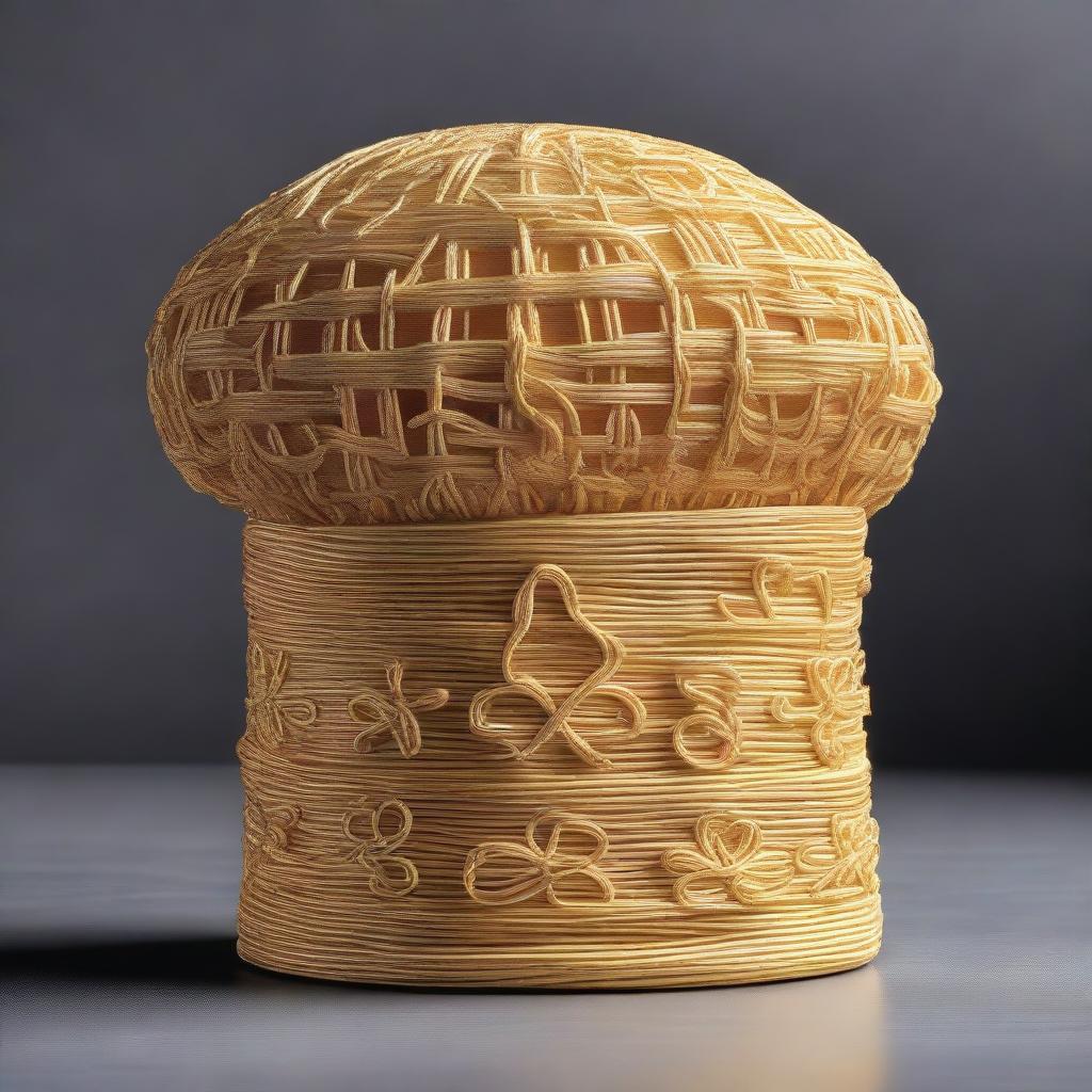 This elegant chef's hat, woven from the threads of divine inspiration and blessed by the essence of the Flying Spaghetti Monster itself, is adorned with shimmering golden embroidery and sacred pasta symbols