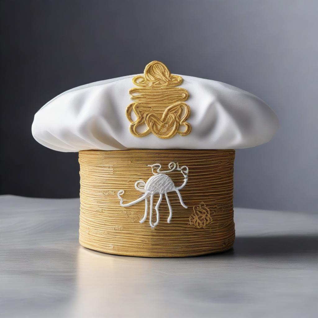 This elegant chef's hat, woven from the threads of divine inspiration and blessed by the essence of the Flying Spaghetti Monster itself, is adorned with shimmering golden embroidery and sacred pasta symbols