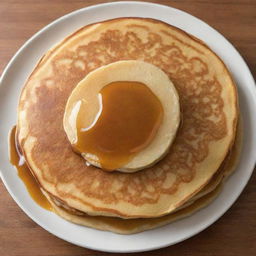 A freshly cooked, mouth-watering pancake with a dollar-shaped pattern of syrup glazed on top. The pancake appears golden brown with a fluffy texture, radiating a warm, homey aroma.