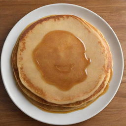 A freshly cooked, mouth-watering pancake with a dollar-shaped pattern of syrup glazed on top. The pancake appears golden brown with a fluffy texture, radiating a warm, homey aroma.