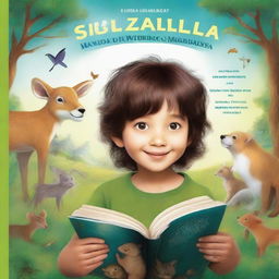 Portada de libro realista con un niño de 6 años, mirada dulce y cabello semilargo, rodeado de un mundo de fantasía y naturaleza exuberante