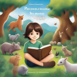 Portada de libro realista con un niño de 6 años, mirada dulce y cabello semilargo, rodeado de un mundo de fantasía y naturaleza exuberante