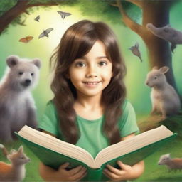 Portada de libro realista con un niño de 6 años, mirada dulce y cabello semilargo, rodeado de un mundo de fantasía y naturaleza exuberante