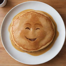 A freshly cooked, mouth-watering pancake with a dollar-shaped pattern of syrup glazed on top. The pancake appears golden brown with a fluffy texture, radiating a warm, homey aroma.