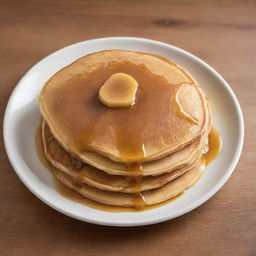 A freshly cooked, mouth-watering pancake with a dollar-shaped pattern of syrup glazed on top. The pancake appears golden brown with a fluffy texture, radiating a warm, homey aroma.