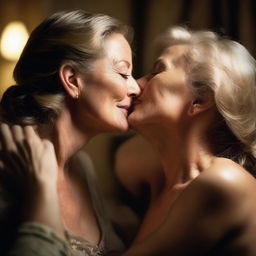 A mature scene featuring two attractive women in an intimate moment, passionately kissing each other