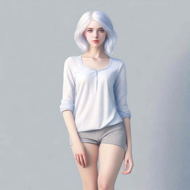 A full-body image of a young woman with white hair and blue eyes, standing in a neutral pose