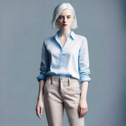 A full-body image of a young woman with white hair and blue eyes, standing in a neutral pose