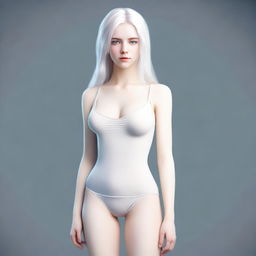 A full-body image of a young woman with white hair and blue eyes, standing in a neutral pose