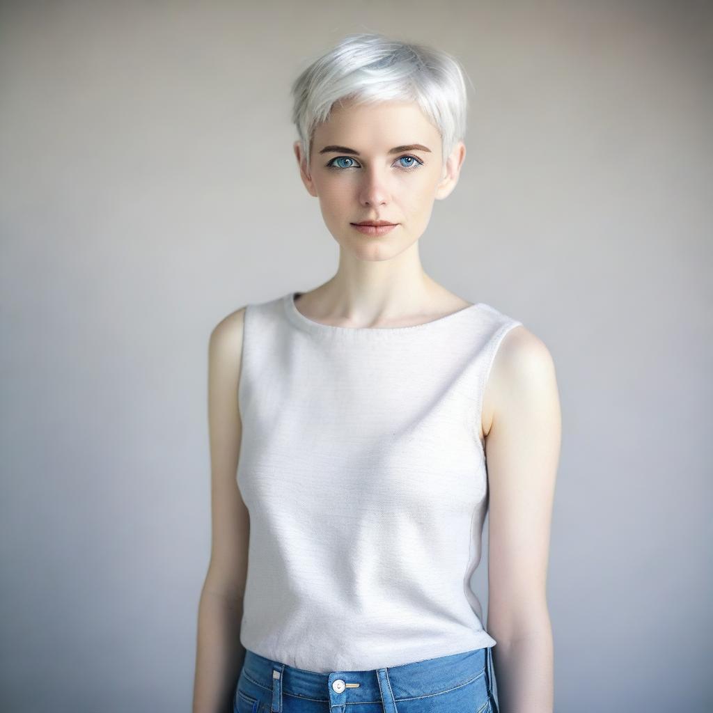 A full-body image of a young woman with short white hair and blue eyes, standing in a neutral pose