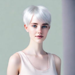 A full-body image of a young woman with short white hair and blue eyes, standing in a neutral pose