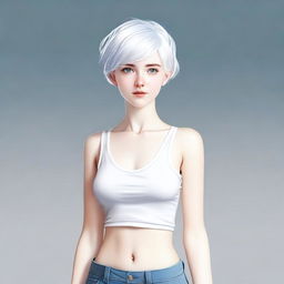 A full-body image of a young woman with short white hair and blue eyes, standing in a neutral pose