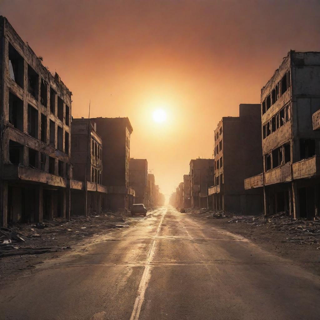 An apocalyptic scenario capturing humanity's last day on earth. Illustrate the sun setting for the final time over a deserted cityscape with barren wastelands and empty streets.