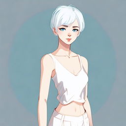 A full-body image of a young woman with short white hair and blue eyes, standing in a neutral pose