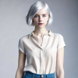 A full-body image of a young woman with slightly longer short white hair and blue eyes, standing in a neutral pose