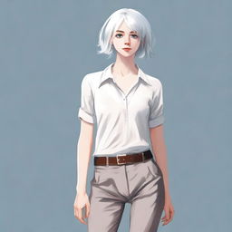 A full-body image of a young woman with slightly longer short white hair and blue eyes, standing in a neutral pose