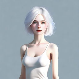 A full-body image of a young woman with slightly longer short white hair and blue eyes, standing in a neutral pose