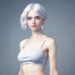 A full-body image of a young woman with slightly longer short white hair and blue eyes, standing in a neutral pose