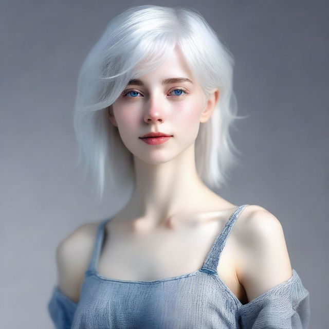 A full-body image of a young woman with slightly longer short white hair and blue eyes, standing in a neutral pose