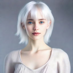 A full-body image of a young woman with slightly longer short white hair and blue eyes, standing in a neutral pose