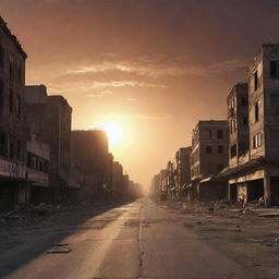 An apocalyptic scenario capturing humanity's last day on earth. Illustrate the sun setting for the final time over a deserted cityscape with barren wastelands and empty streets.