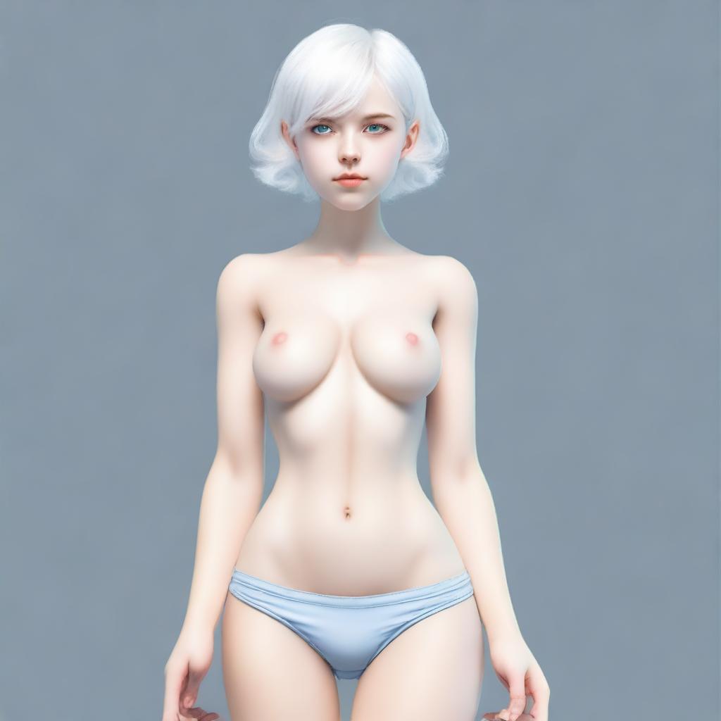 A full-body image of a young woman with slightly longer short white hair and blue eyes, standing in a neutral pose