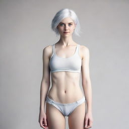 A full-body image of a young woman with slightly longer short white hair and blue eyes, standing in a neutral pose