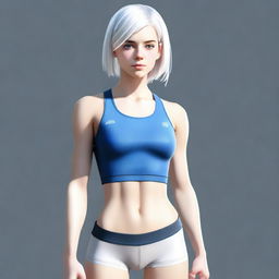 A full-body image of a young woman with slightly longer short white hair and blue eyes, standing in a neutral pose