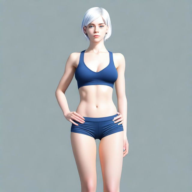 A full-body image of a young woman with slightly longer short white hair and blue eyes, standing in a neutral pose