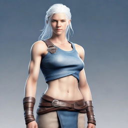 A full-body image of a young woman with slightly longer short white hair and blue eyes, standing in a neutral pose