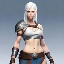 A full-body image of a young woman with slightly longer short white hair and blue eyes, standing in a neutral pose