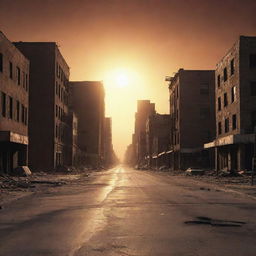 An apocalyptic scenario capturing humanity's last day on earth. Illustrate the sun setting for the final time over a deserted cityscape with barren wastelands and empty streets.