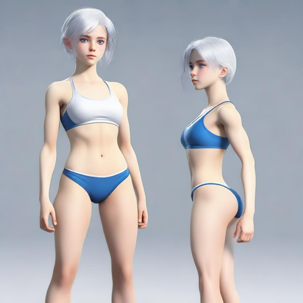 A full-body image of a young human girl with slightly longer short white hair and blue eyes, standing in a neutral pose