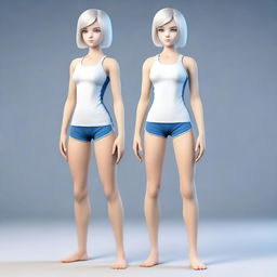 A full-body image of a young human girl with slightly longer short white hair and blue eyes, standing in a neutral pose